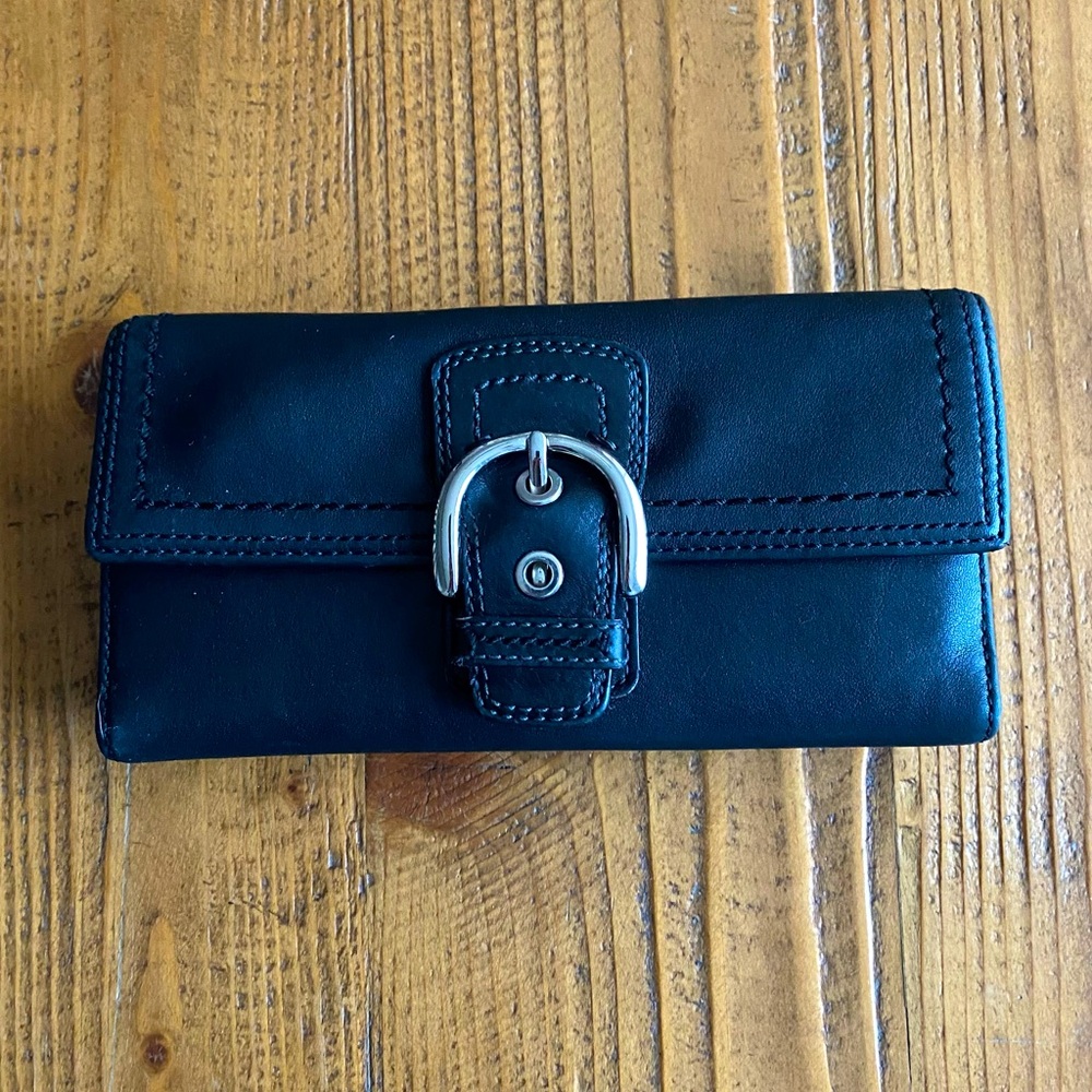 Vintage Coach Black Leather Wallet with Silver Buckle